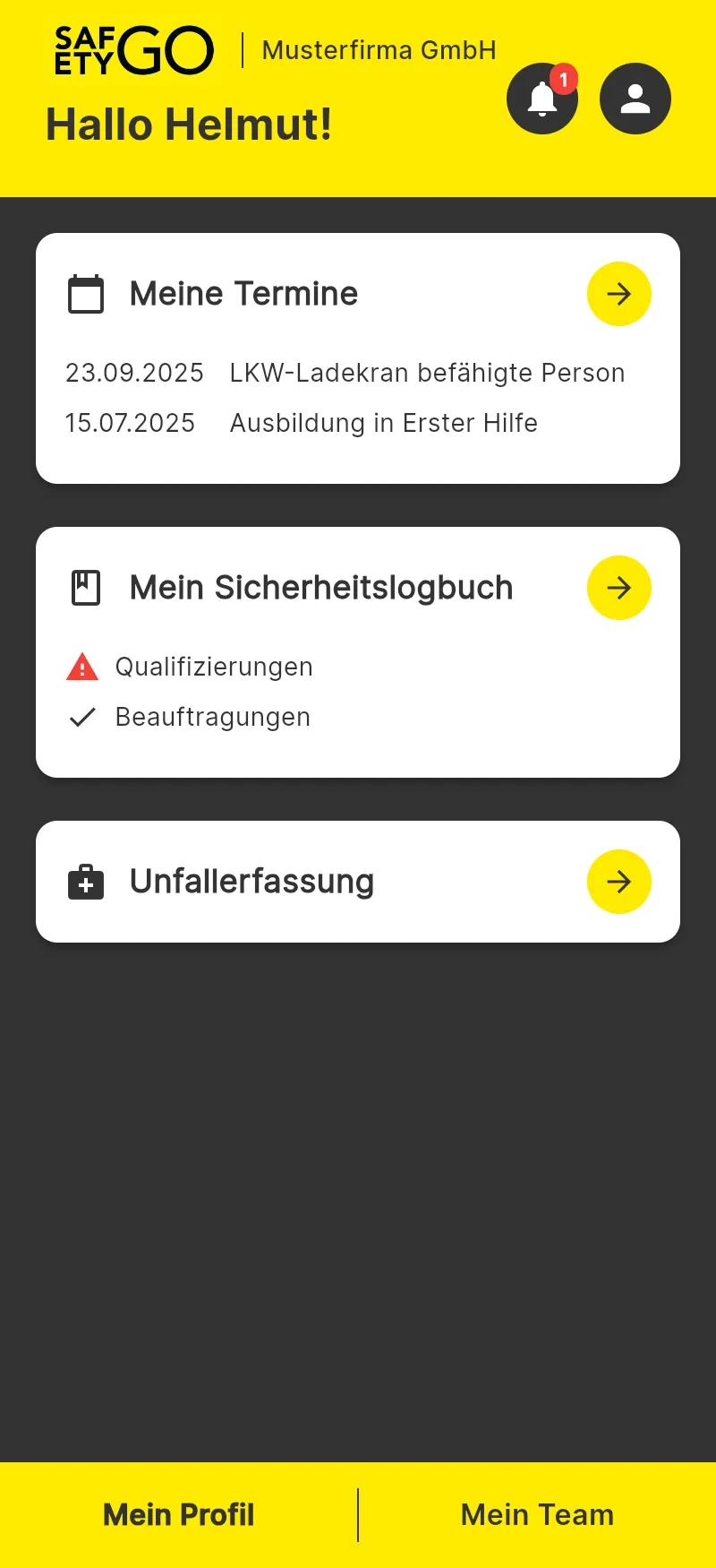 SafetyGO Mobile-App: Sicherheitslogbuch und Zertifikate für Mitarbeitende