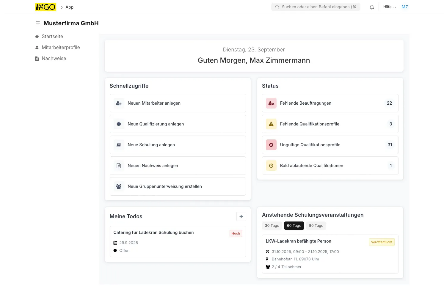 SafetyGO Desktop-App: Dashboard zur Organisation von Schulungen und Unterweisungen