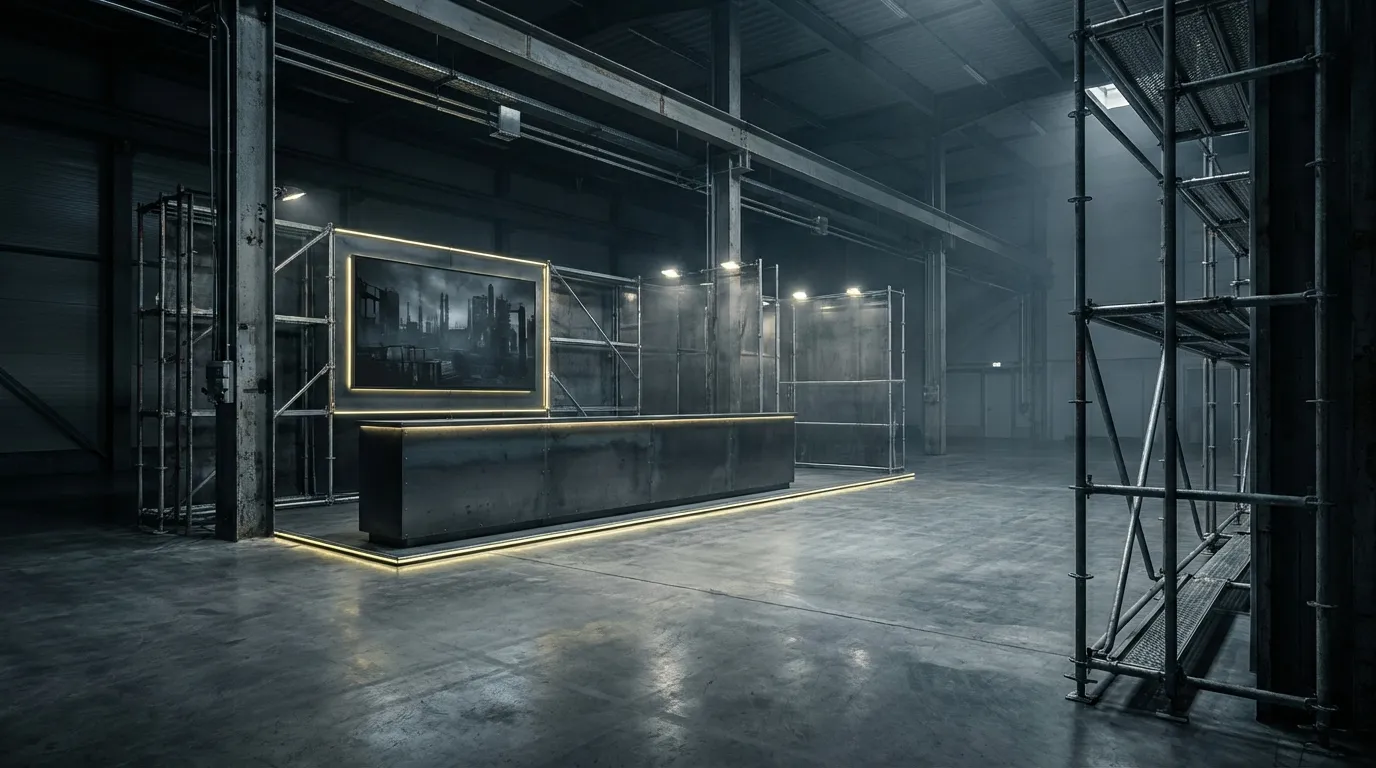 Leerer Messestand mit gelber Akzentbeleuchtung und Industriekulisse