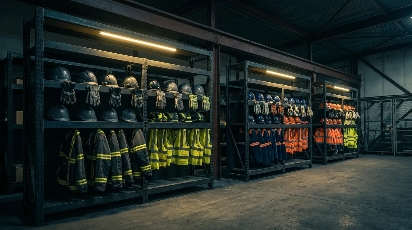 Ordentlich aufgereihte Sicherheitsausrüstung auf industriellem Metallregal