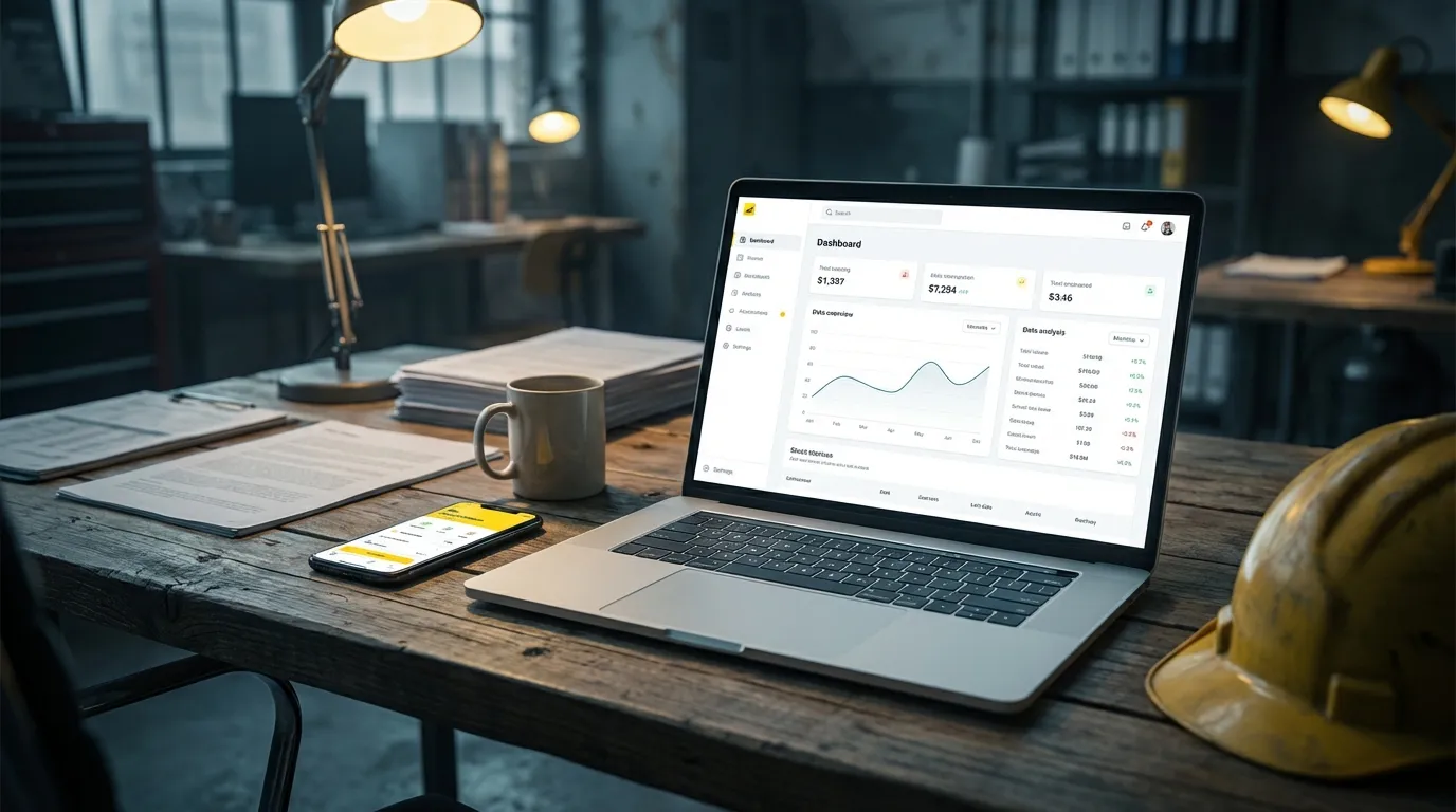 SafetyGO Desktop- und Mobile-App auf einem Schreibtisch mit Schutzhelm: Dashboard und Sicherheitslogbuch im Einsatz