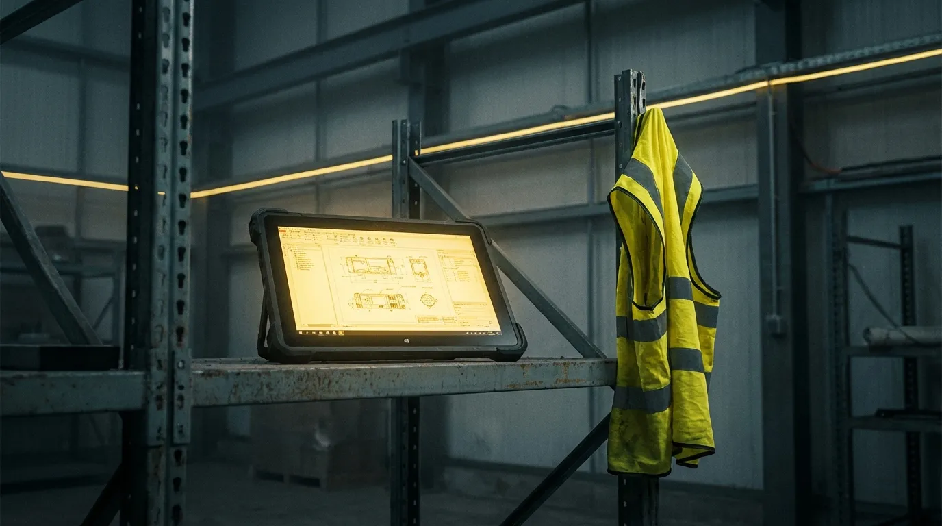 Tablet mit gelb leuchtendem Bildschirm auf industriellem Metallregal