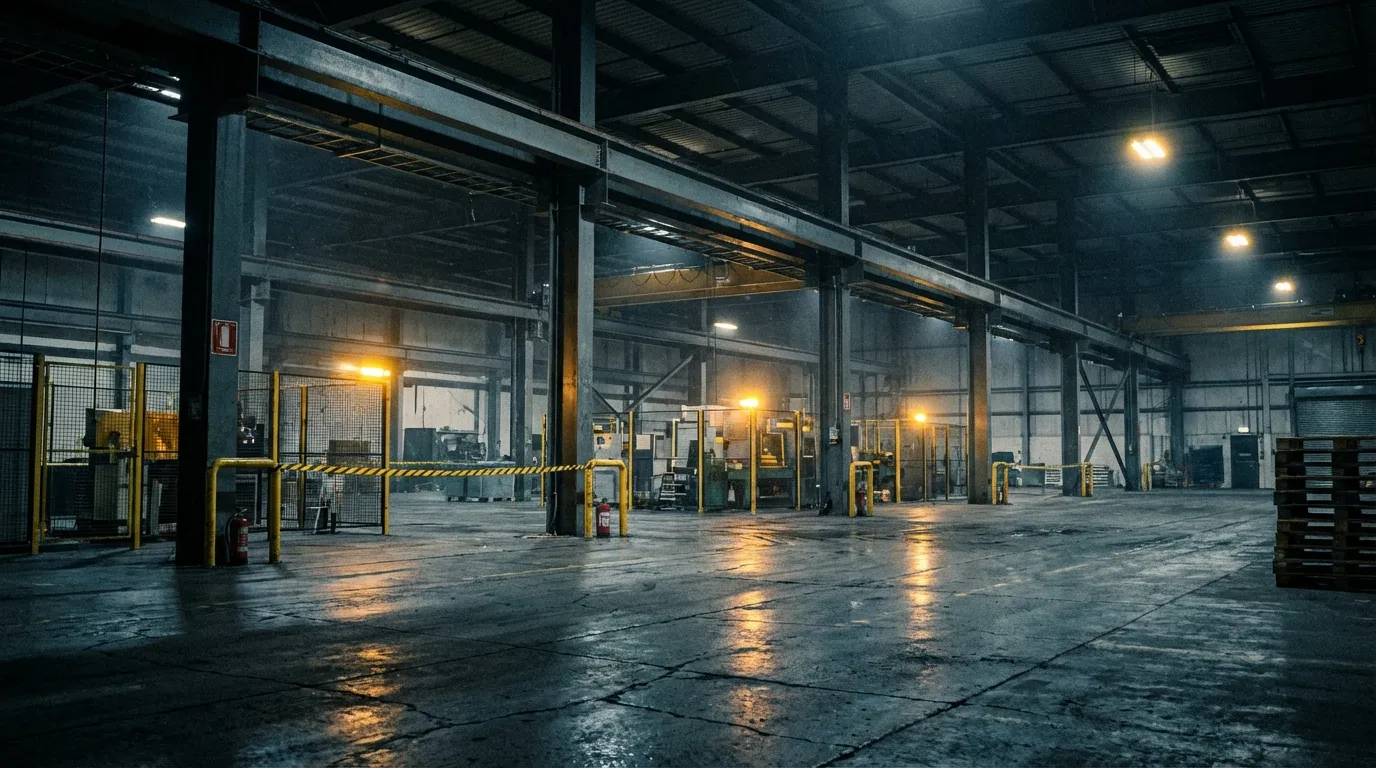 Industriehalle mit Stahlträgern und gelben Warnleuchten